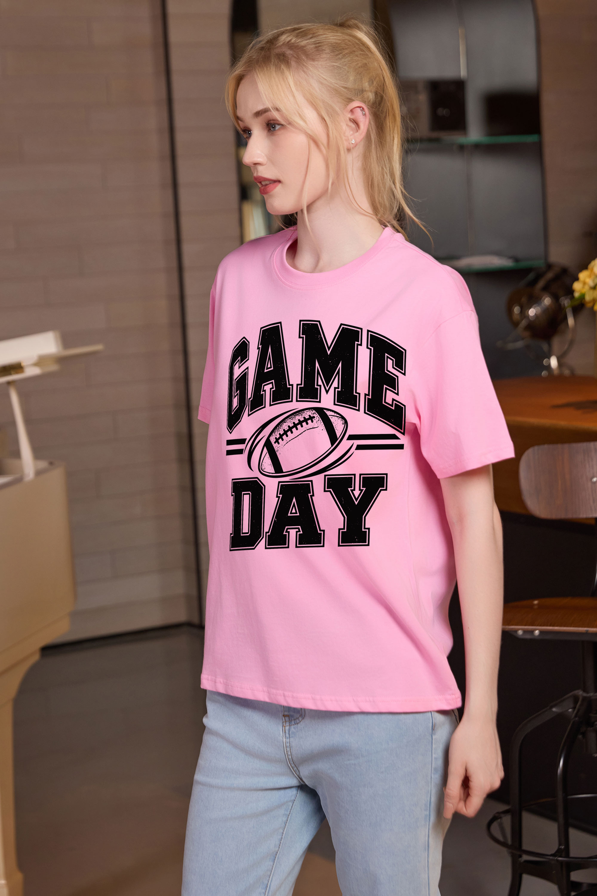 M001-G015 LIGHT-PINK F2 — Game Day Simple graphic on M001 light pink garment