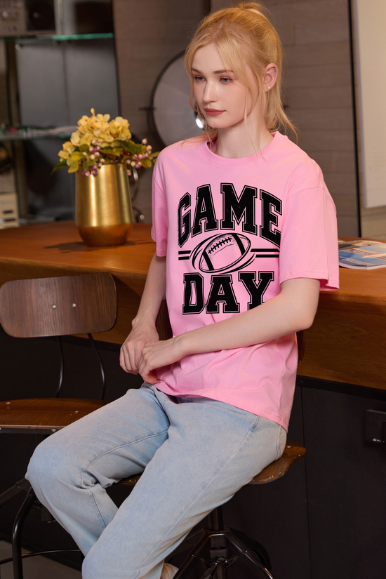 M001-G015 LIGHT-PINK F3 — Game Day Simple graphic on M001 light pink garment