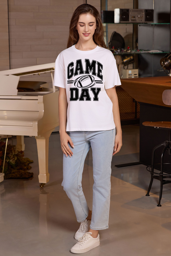 M001-G015 WHITE A1 — Game Day Simple graphic on M001 white garment