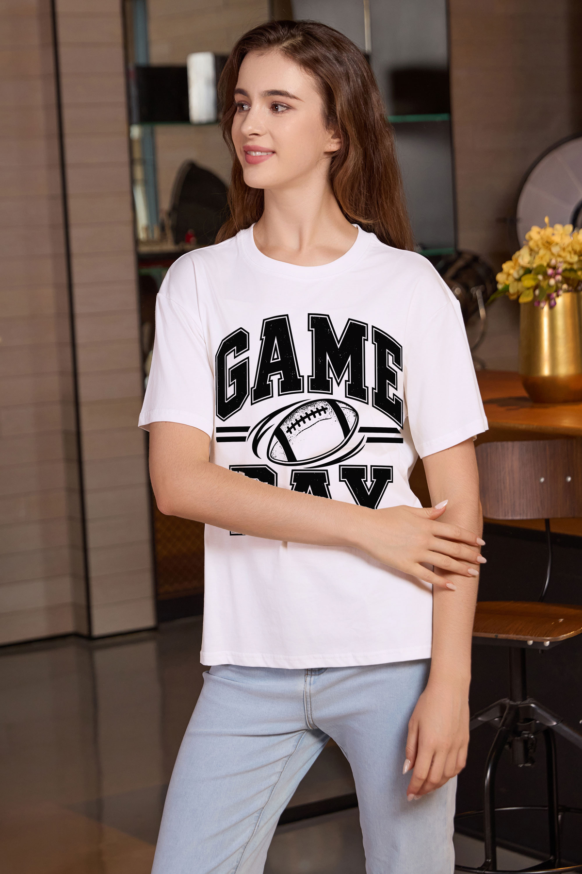 M001-G015 WHITE F2 — Game Day Simple graphic on M001 white garment