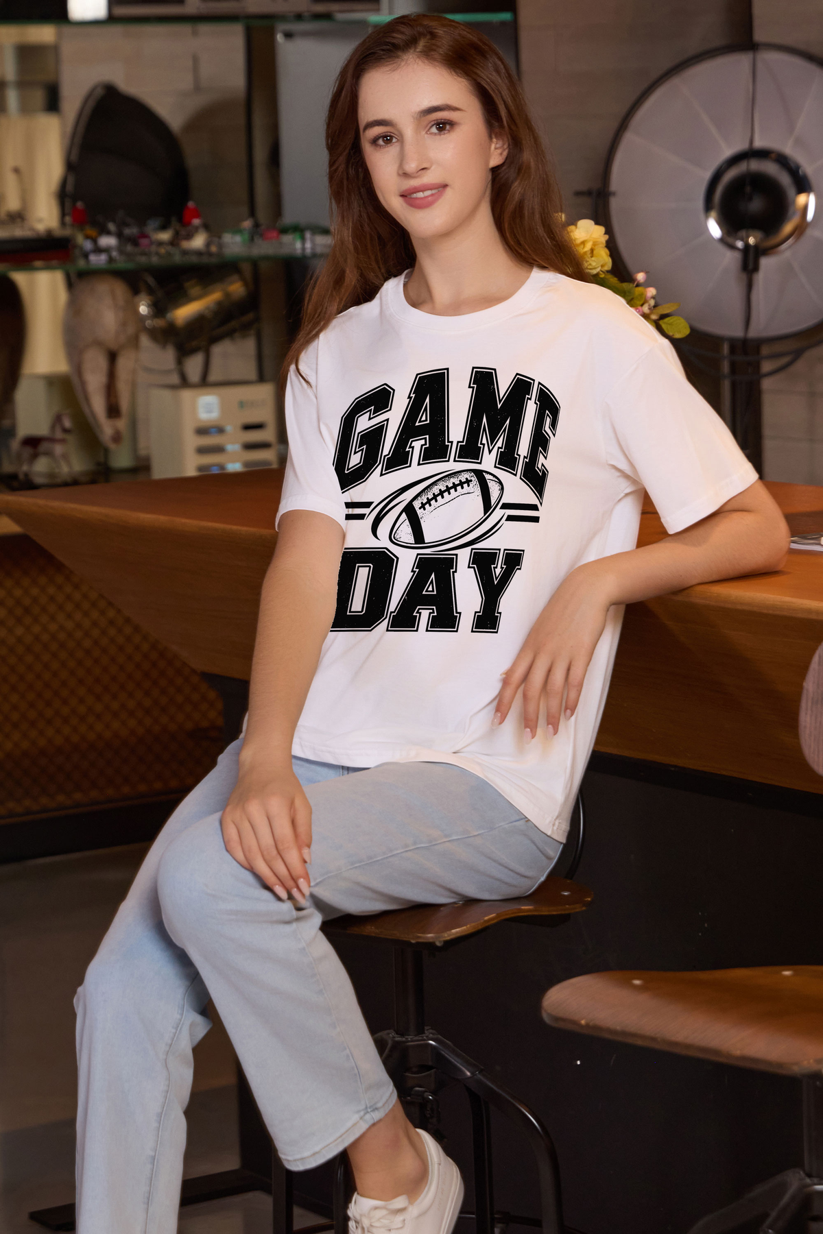 M001-G015 WHITE F3 — Game Day Simple graphic on M001 white garment