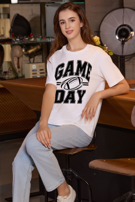 M001-G015 WHITE F3 — Game Day Simple graphic on M001 white garment