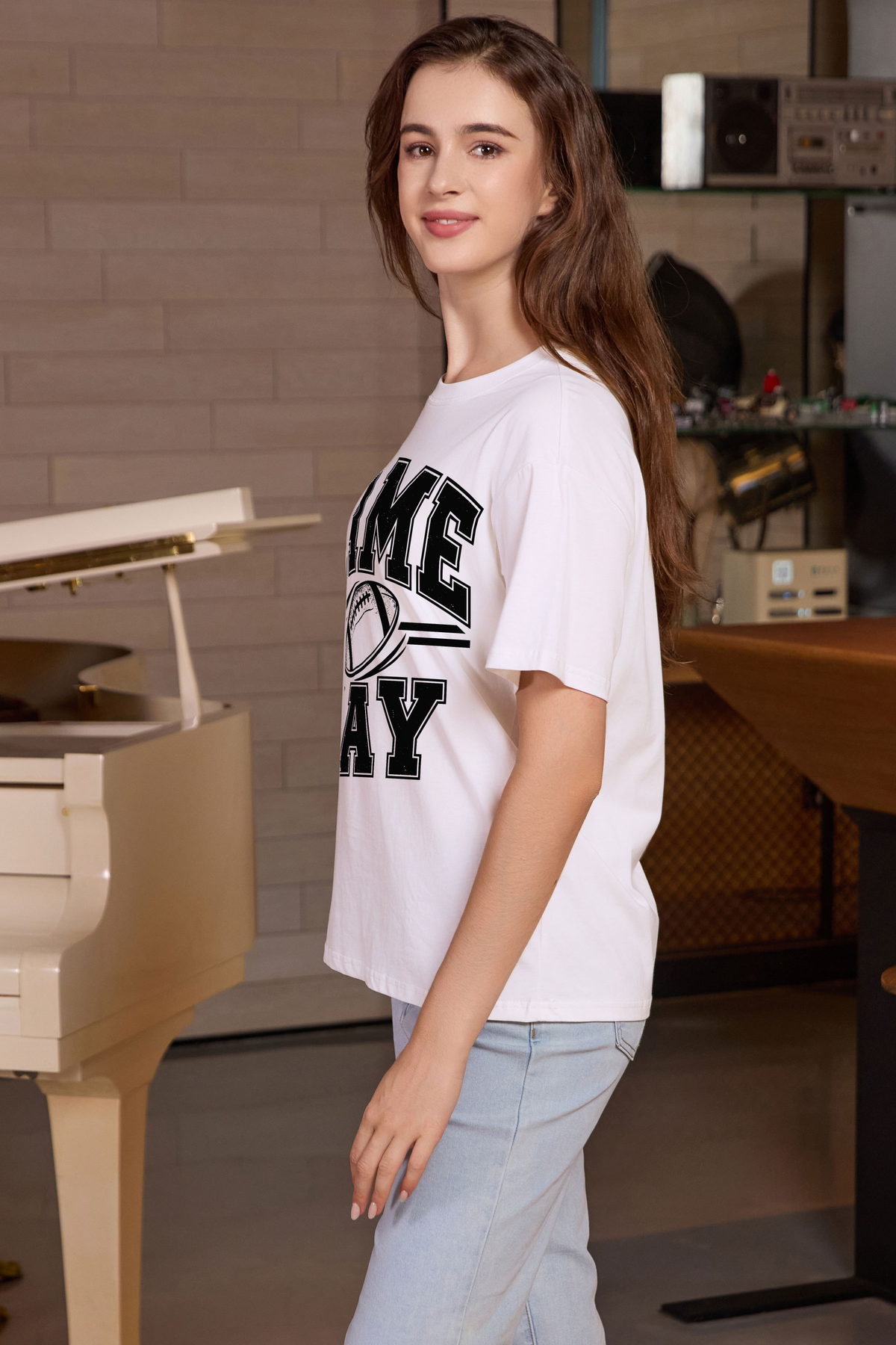 M001-G015 WHITE S1 — Game Day Simple graphic on M001 white garment