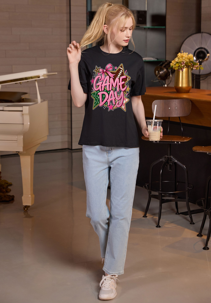 M001-G016 BLACK A1 — Game Day Stars graphic on M001 black garment