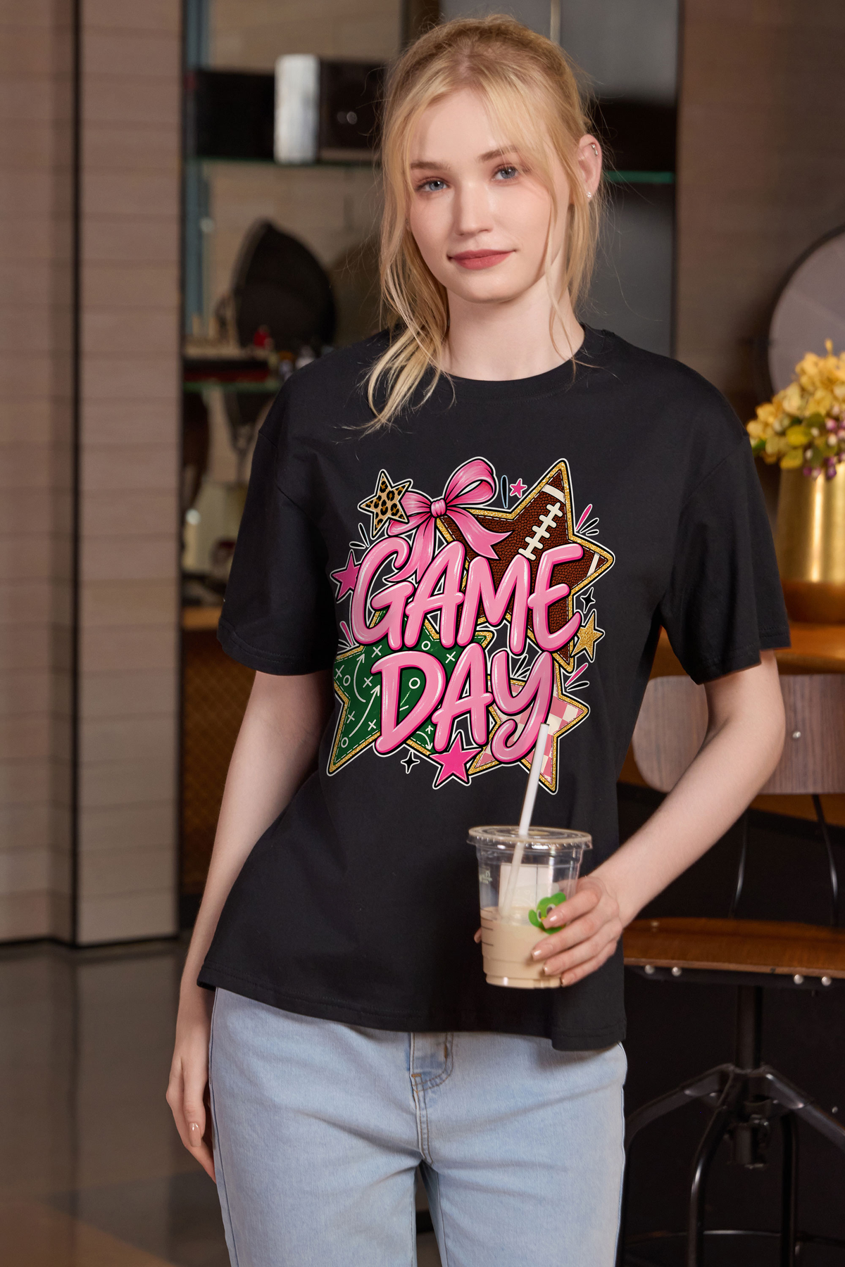 M001-G016 BLACK F1 — Game Day Stars graphic on M001 black garment