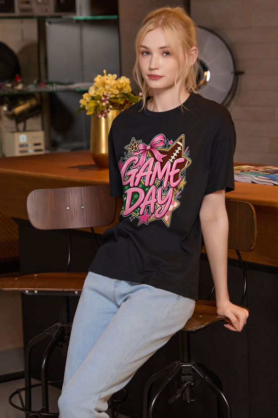 M001-G016 BLACK F2 — Game Day Stars graphic on M001 black garment