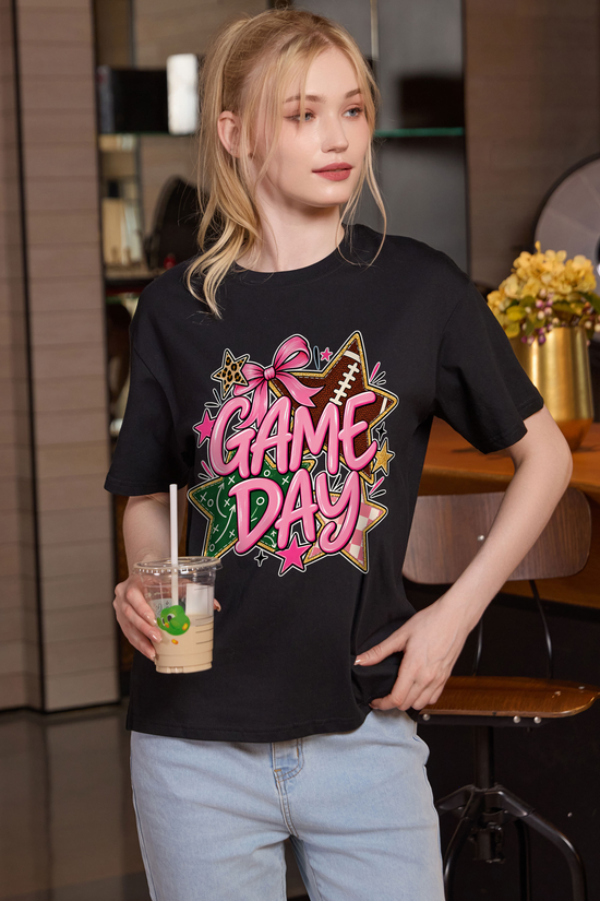 M001-G016 BLACK F3 — Game Day Stars graphic on M001 black garment