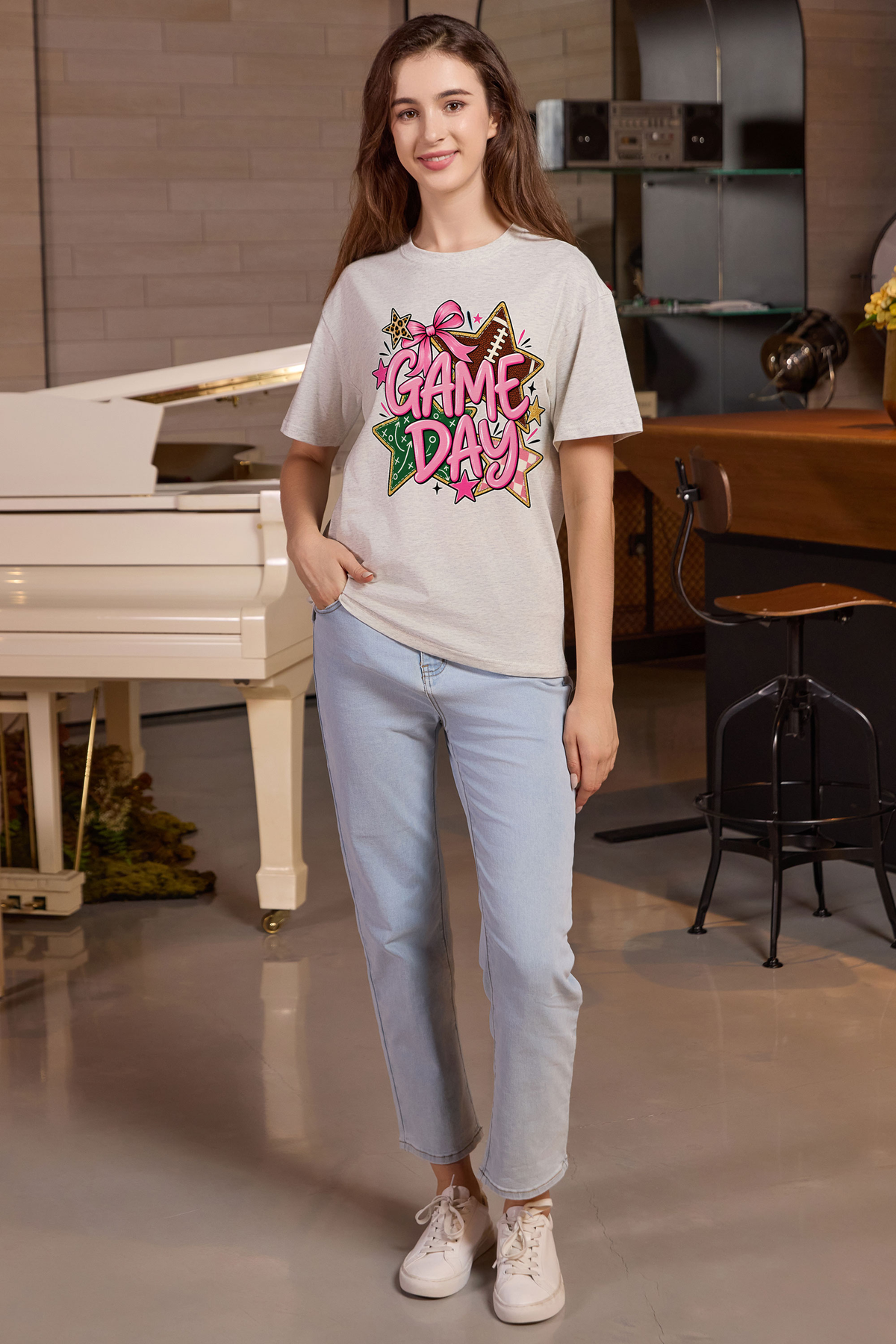 M001-G016 HEATHER-GREY A1 — Game Day Stars graphic on M001 heather grey garment