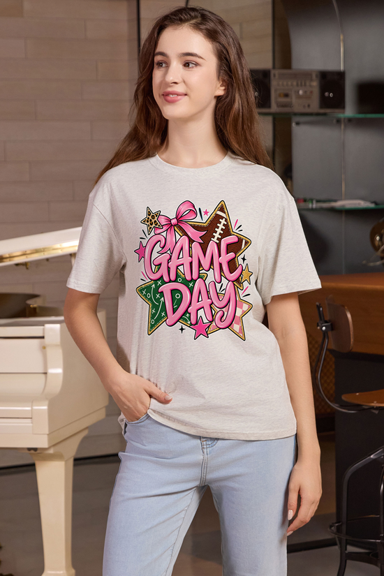 M001-G016 HEATHER-GREY F1 — Game Day Stars graphic on M001 heather grey garment