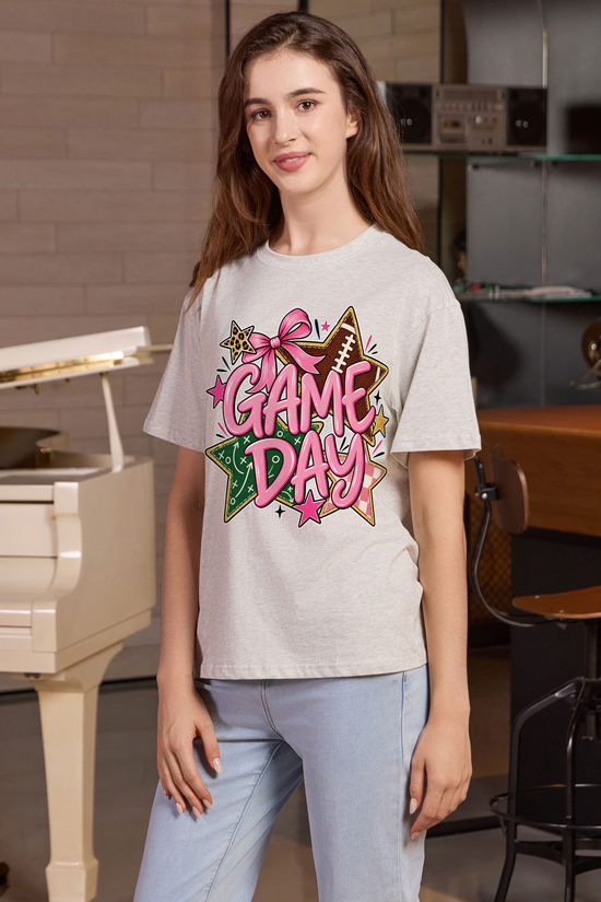 M001-G016 HEATHER-GREY F2 — Game Day Stars graphic on M001 heather grey garment