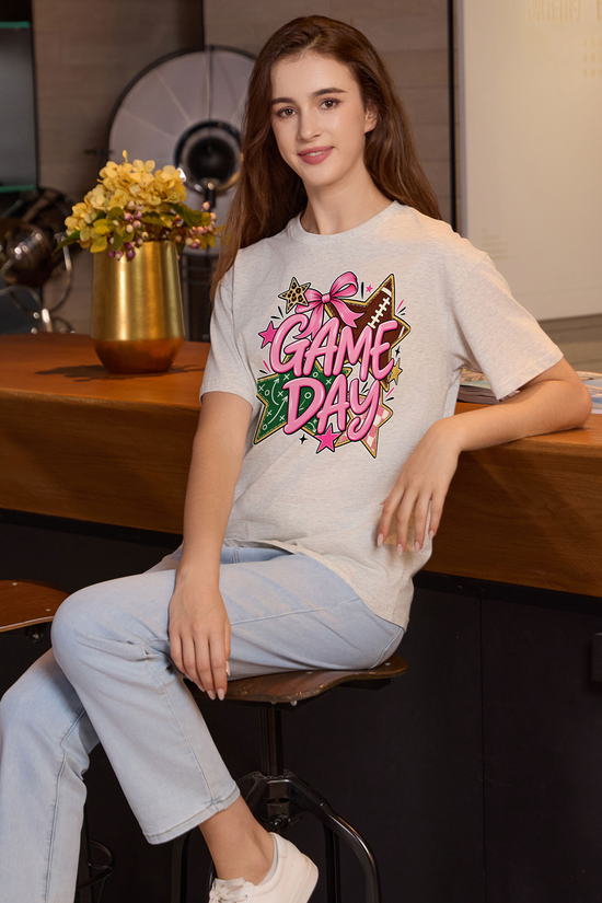 M001-G016 HEATHER-GREY F3 — Game Day Stars graphic on M001 heather grey garment