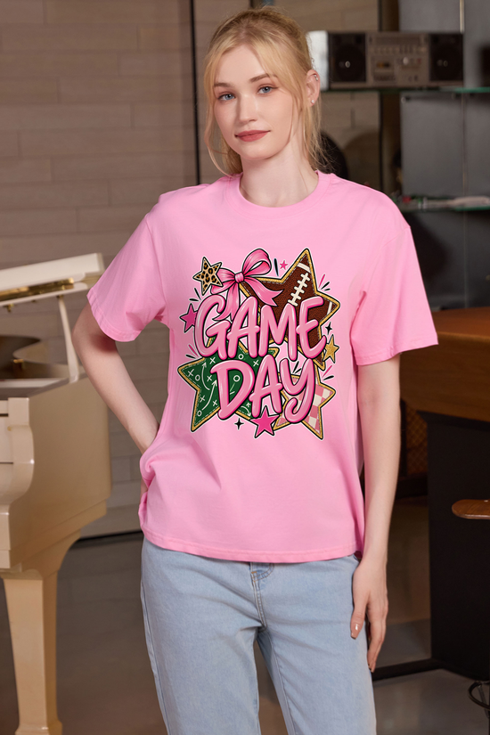 M001-G016 LIGHT-PINK F1 — Game Day Stars graphic on M001 light pink garment