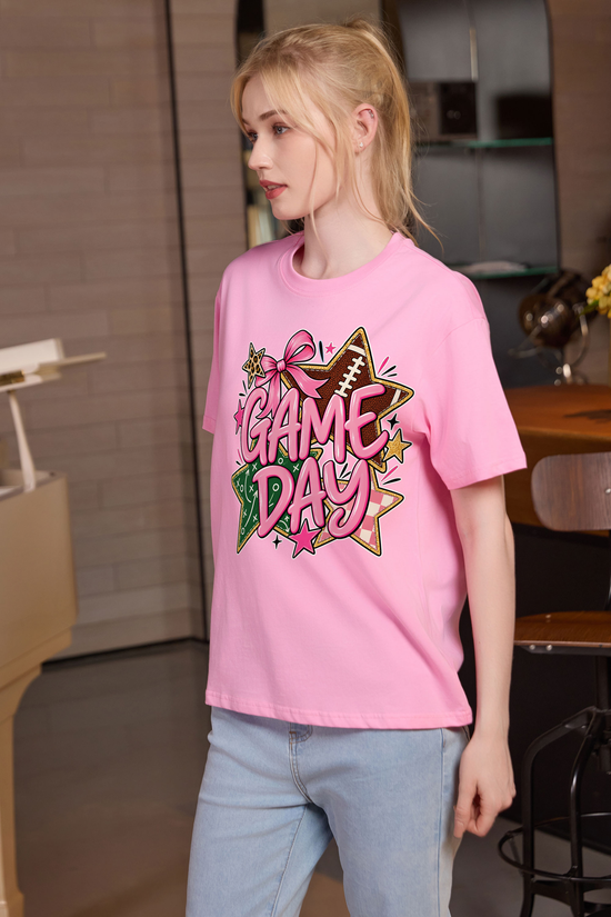 M001-G016 LIGHT-PINK F2 — Game Day Stars graphic on M001 light pink garment