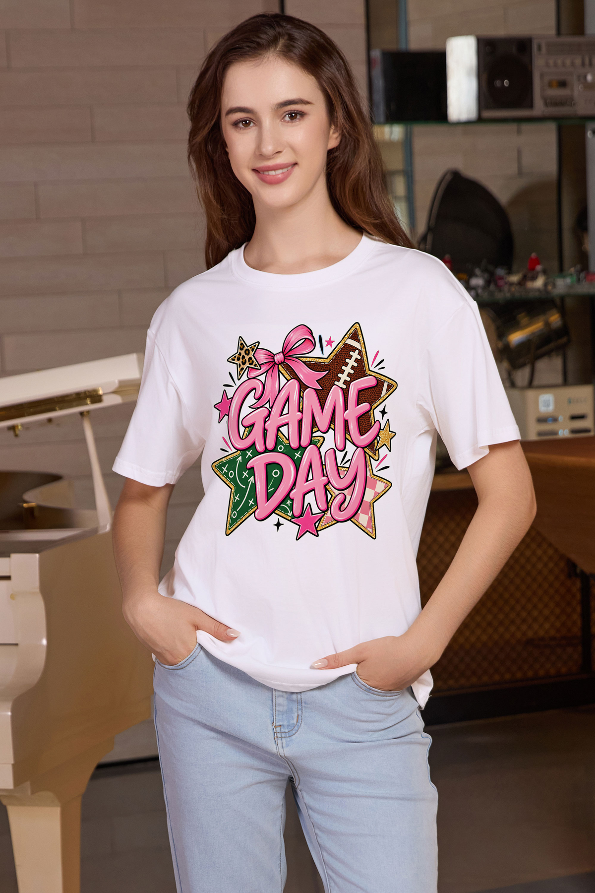 M001-G016 WHITE F1 — Game Day Stars graphic on M001 white garment