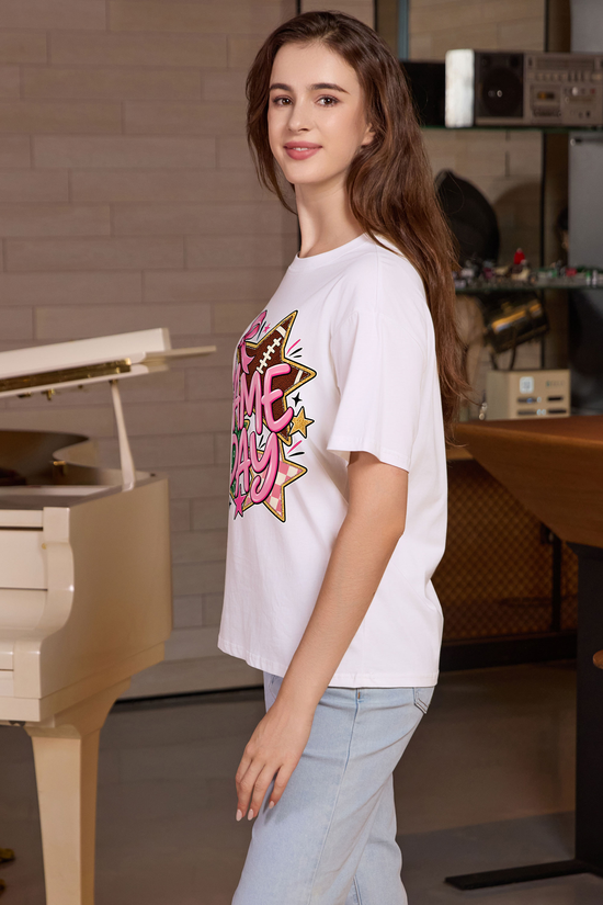 M001-G016 WHITE S1 — Game Day Stars graphic on M001 white garment