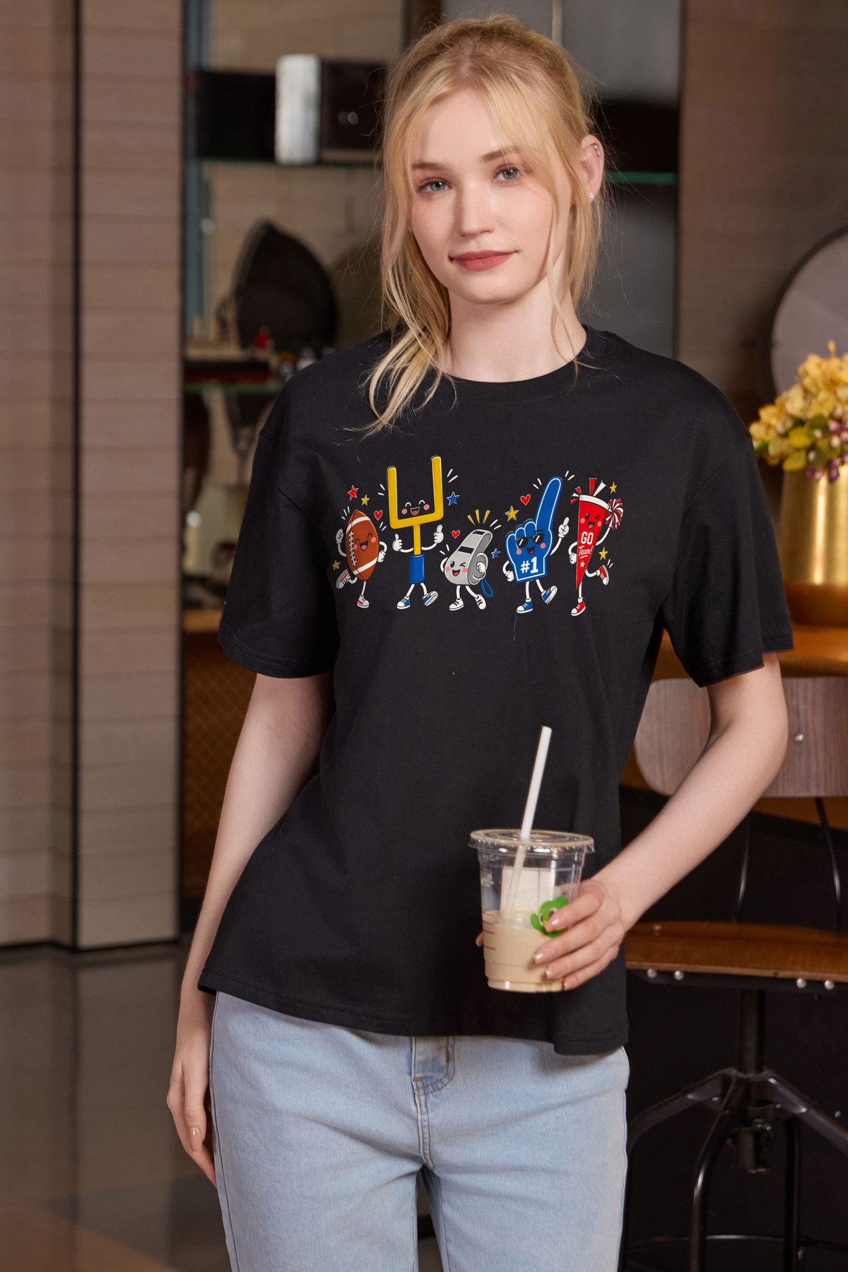 M001-G019 BLACK F1 — Game Day Characters 2 graphic on M001 black garment