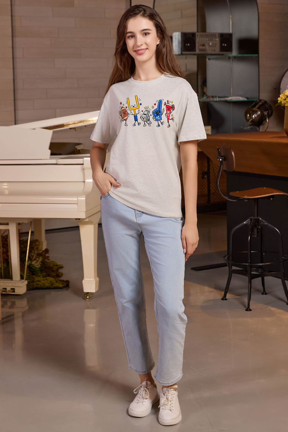 M001-G019 HEATHER-GREY A1 — Game Day Characters 2 graphic on M001 heather grey garment