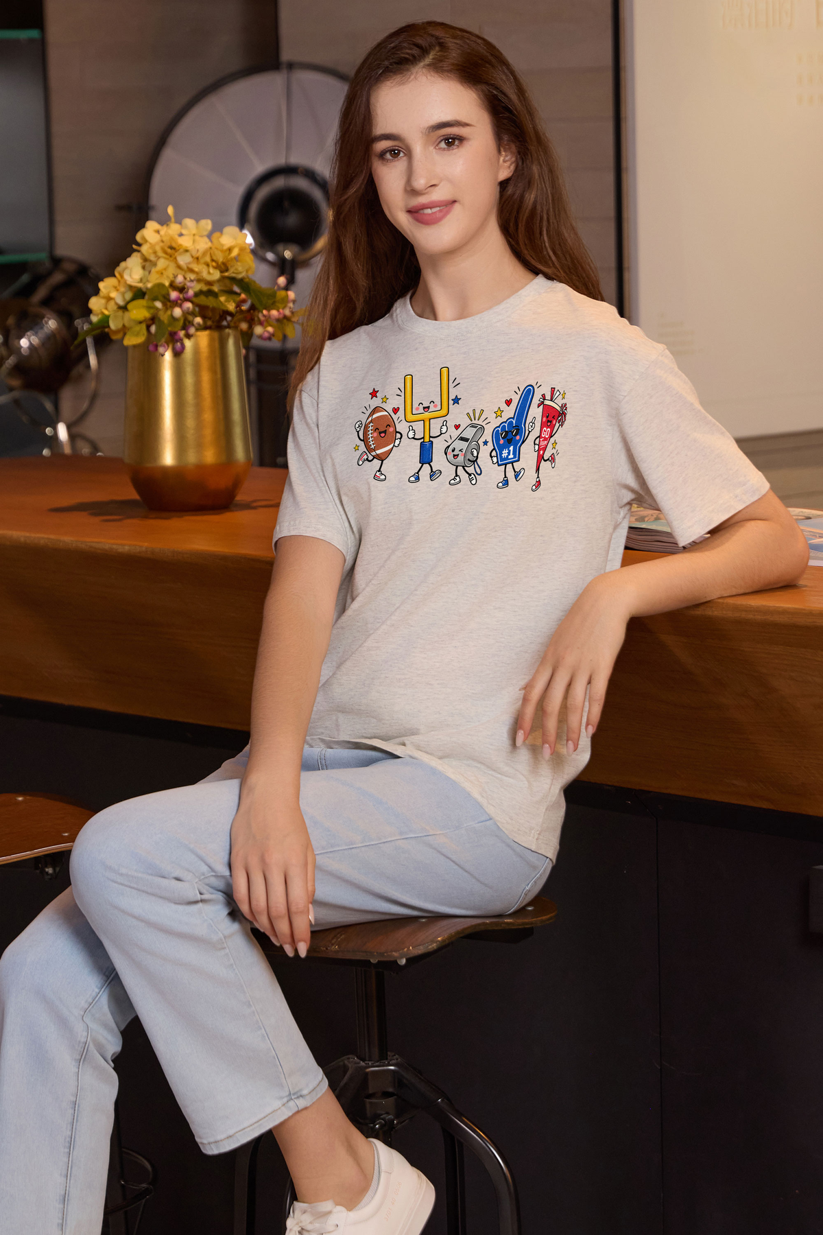 M001-G019 HEATHER-GREY F3 — Game Day Characters 2 graphic on M001 heather grey garment
