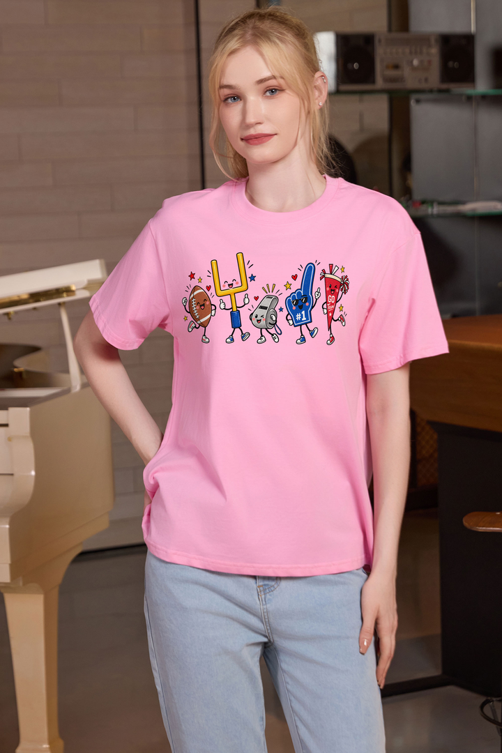 M001-G019 LIGHT-PINK F1 — Game Day Characters 2 graphic on M001 light pink garment