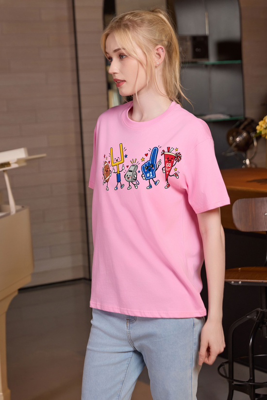 M001-G019 LIGHT-PINK F2 — Game Day Characters 2 graphic on M001 light pink garment