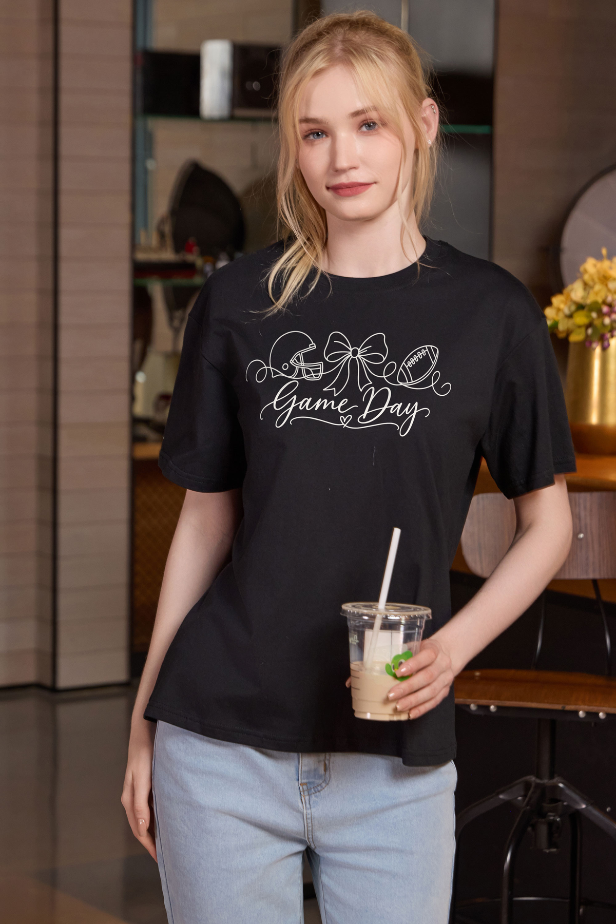 M001-G020 BLACK F1 — Game Day String graphic on M001 black garment