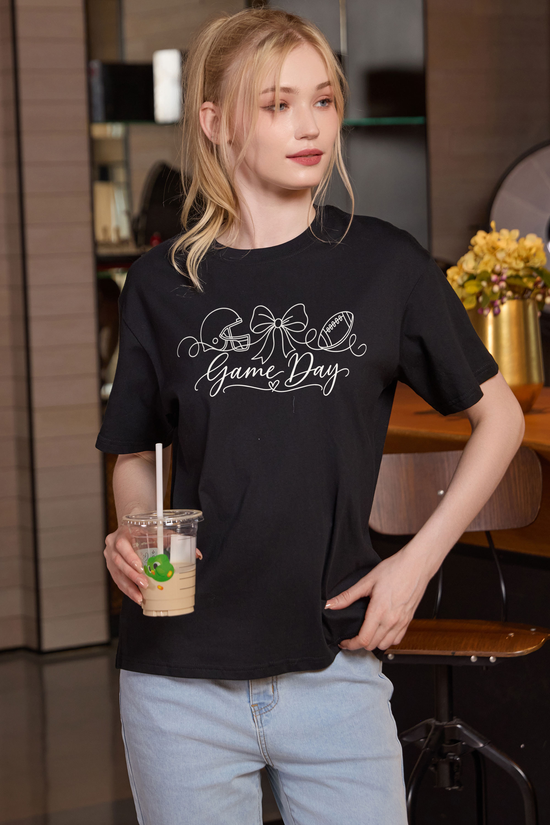 M001-G020 BLACK F3 — Game Day String graphic on M001 black garment
