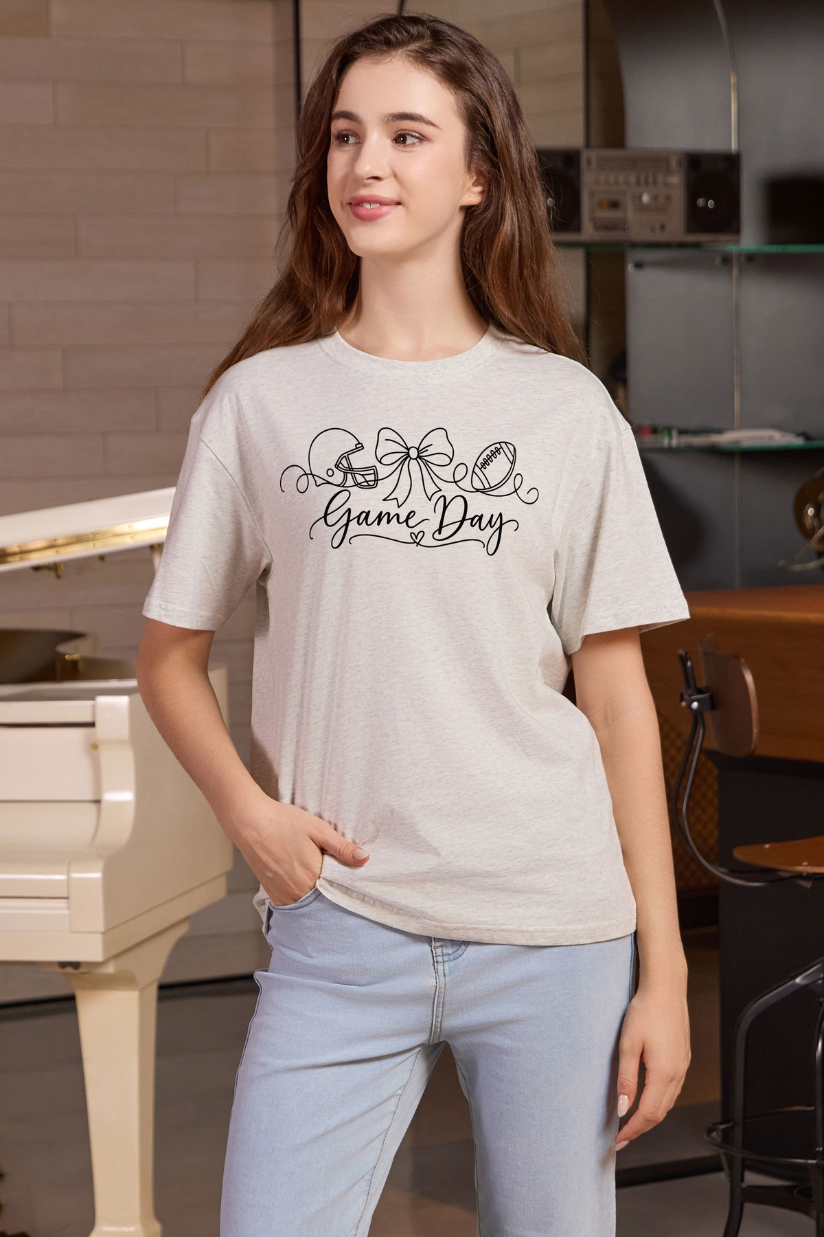 M001-G020 HEATHER-GREY F1 — Game Day String graphic on M001 heather grey garment