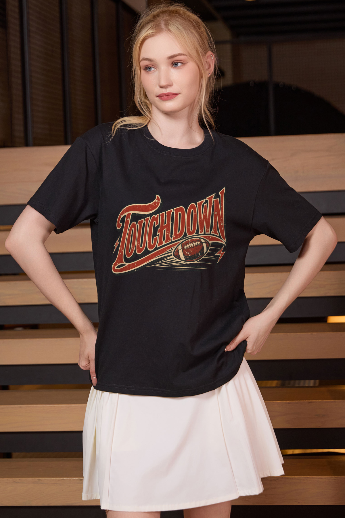 Retro Touchdown Relaxed Tee in black, front graphic on model, view 2