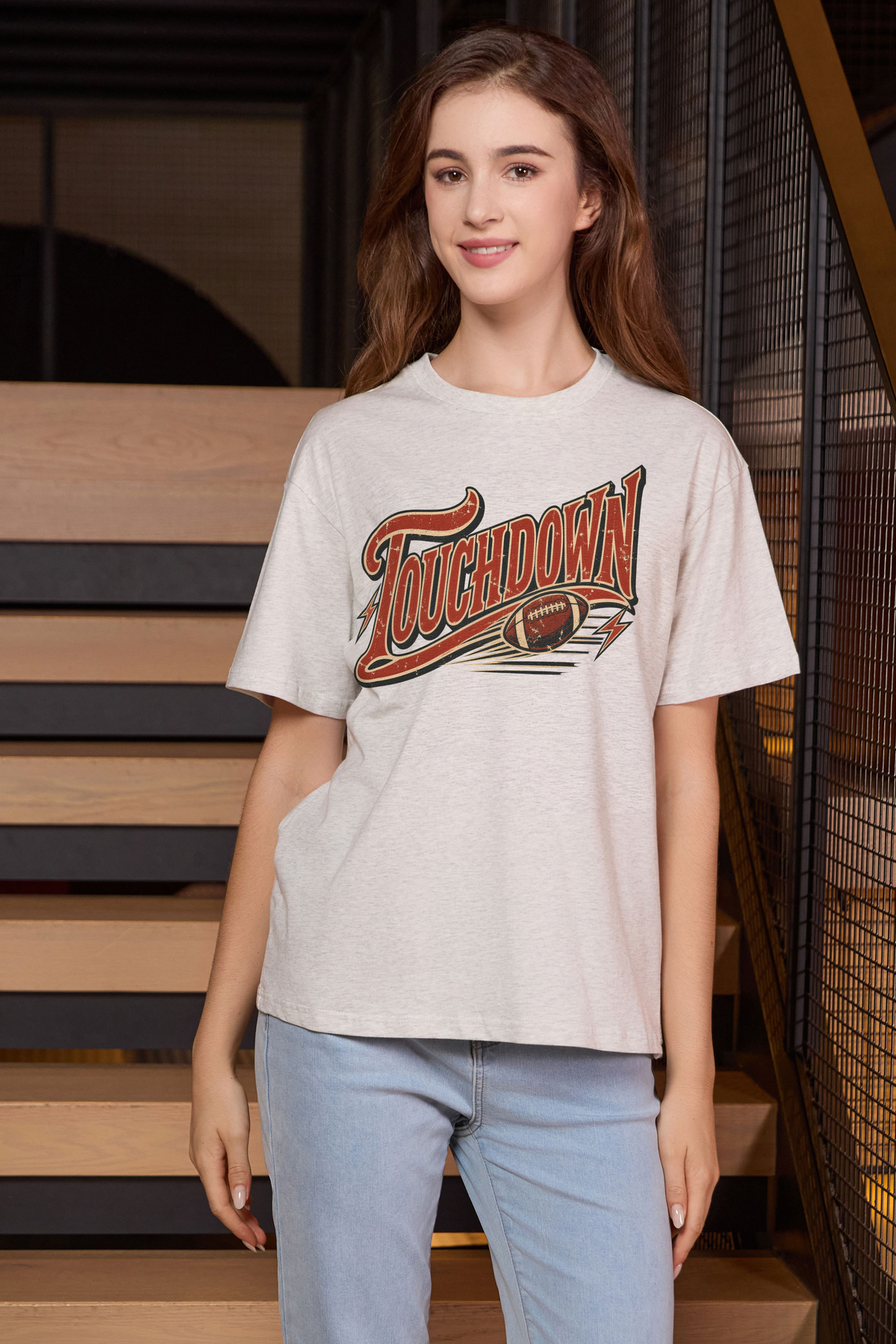 Retro Touchdown Relaxed Tee in heather grey, front graphic on model, view 1