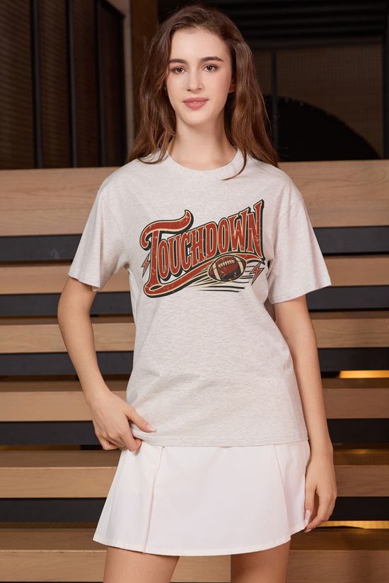Retro Touchdown Relaxed Tee in heather grey, front graphic on model, view 3