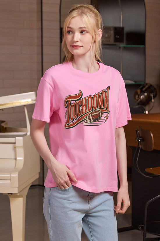 Retro Touchdown Relaxed Tee in light pink, front graphic on model, view 2