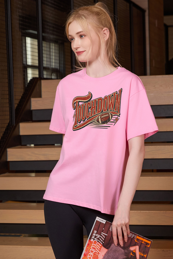 Retro Touchdown Relaxed Tee in light pink, front graphic on model, view 3