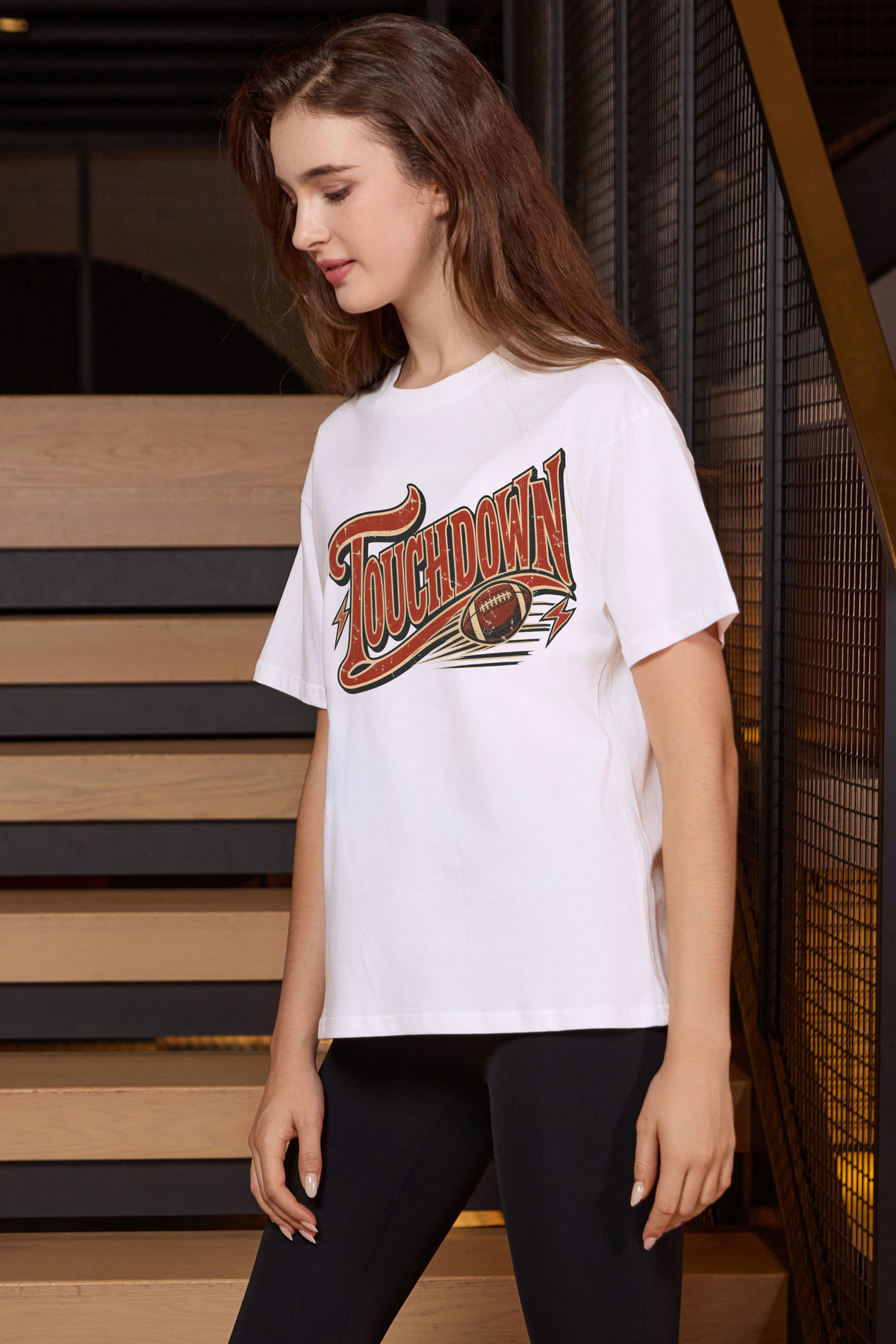 Retro Touchdown Relaxed Tee in white, front graphic on model, view 1
