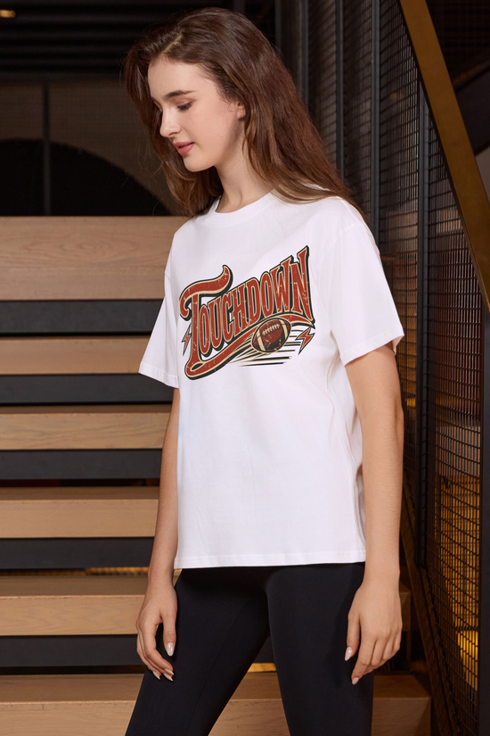 Retro Touchdown Relaxed Tee in white, front graphic on model, view 1