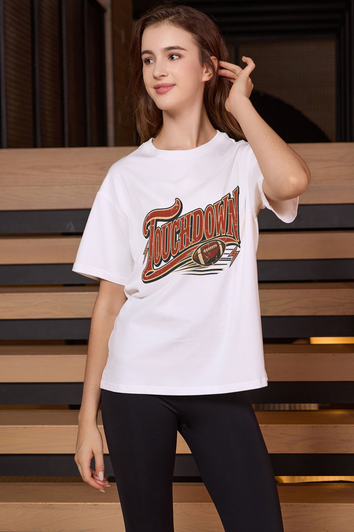 Retro Touchdown Relaxed Tee in white, front graphic on model, view 2