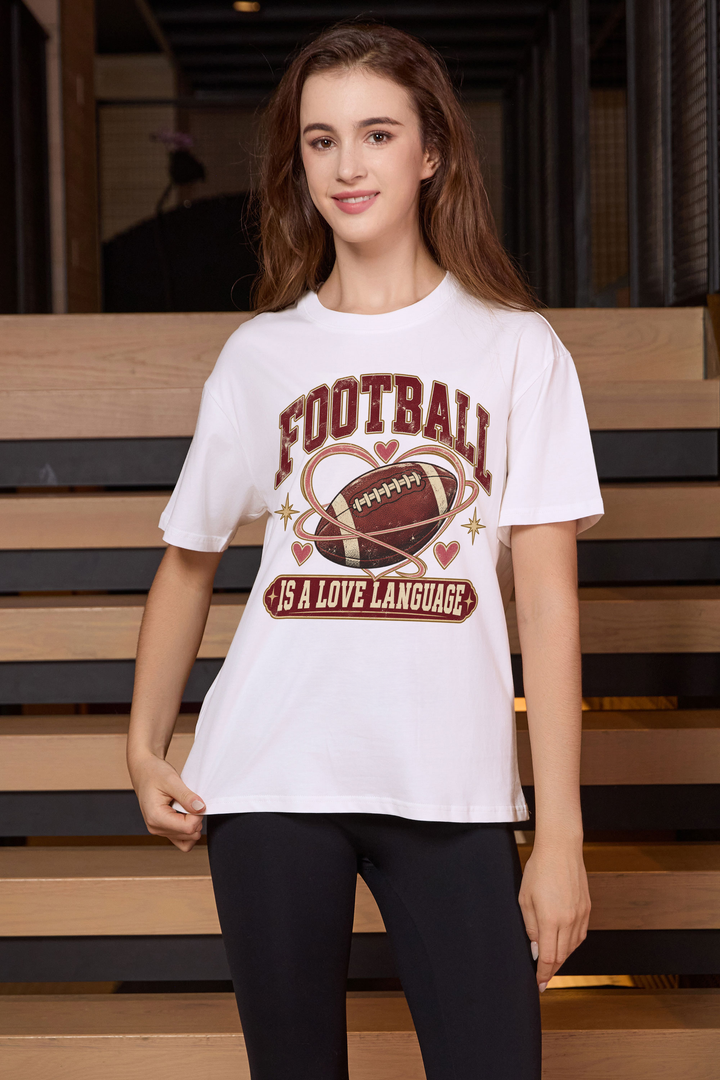 Football Is a Love Language Relaxed Tee in white, front graphic on model, view 2