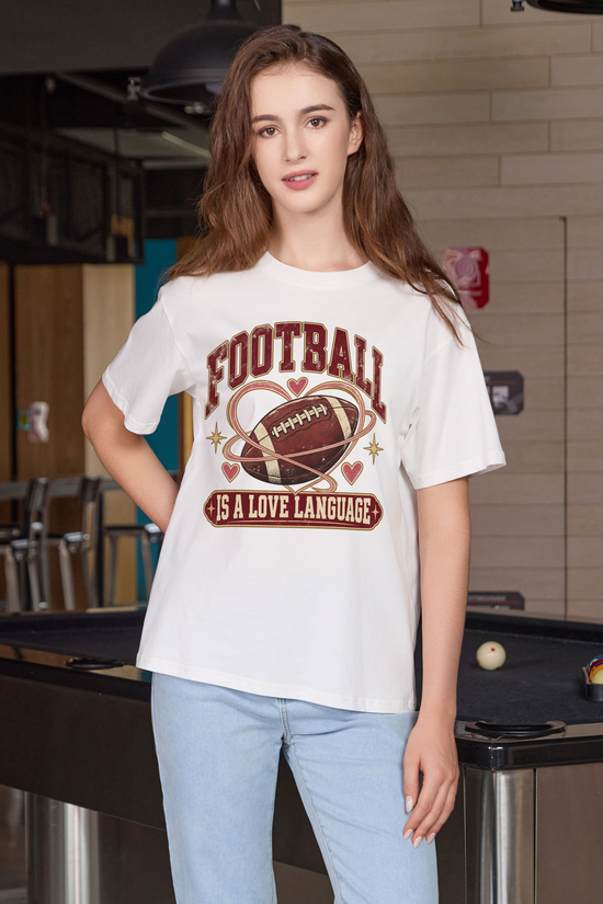 Football Is a Love Language Relaxed Tee in white, front graphic on model, view 3