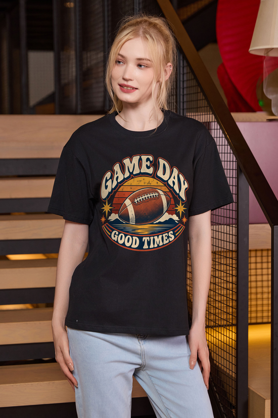 Game Day Good Times Relaxed Tee in black, front graphic on model, view 1
