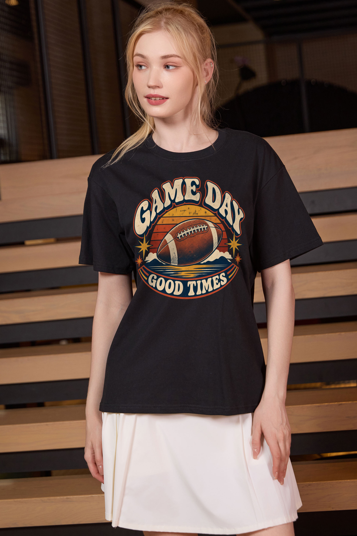 Game Day Good Times Relaxed Tee in black, front graphic on model, view 2