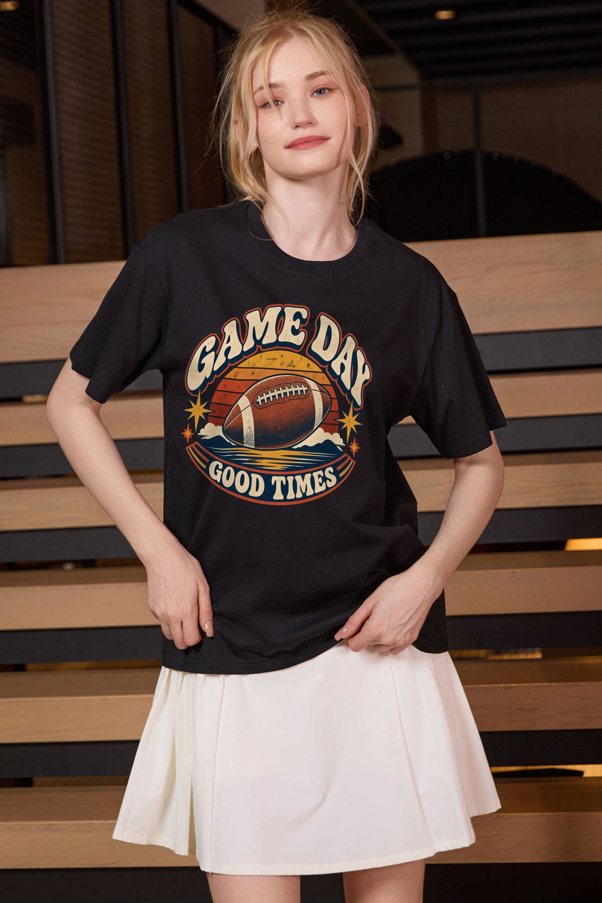 Game Day Good Times Relaxed Tee in black, front graphic on model, view 3