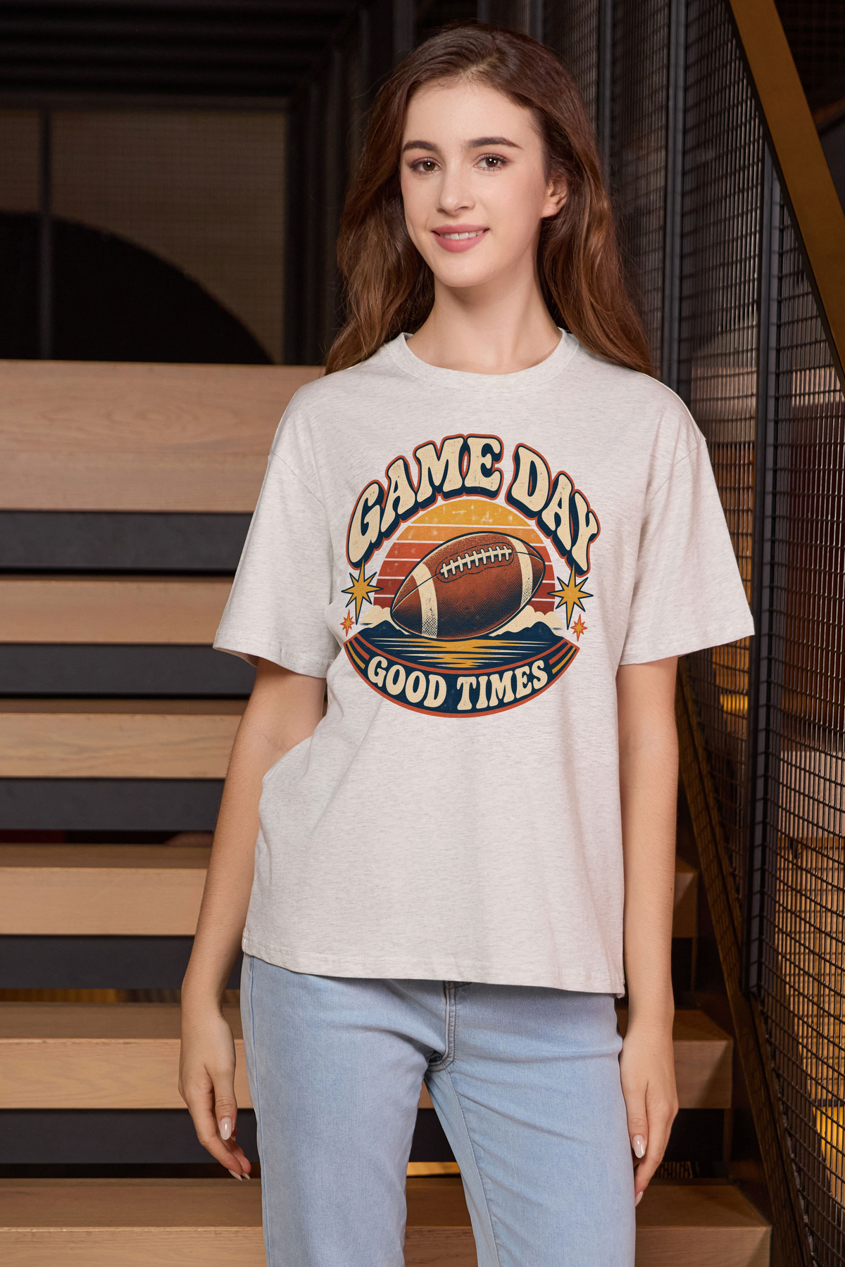 Game Day Good Times Relaxed Tee in heather grey, front graphic on model, view 2