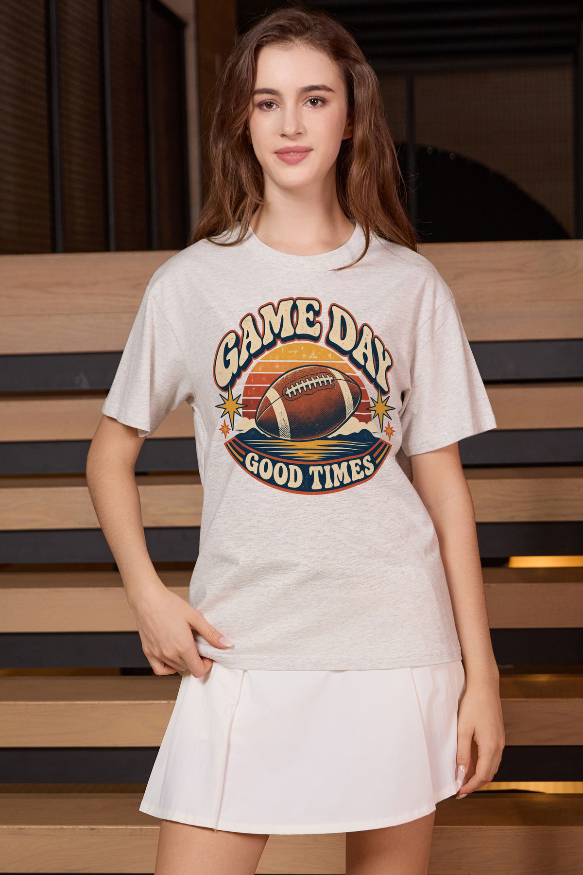 Game Day Good Times Relaxed Tee in heather grey, front graphic on model, view 3