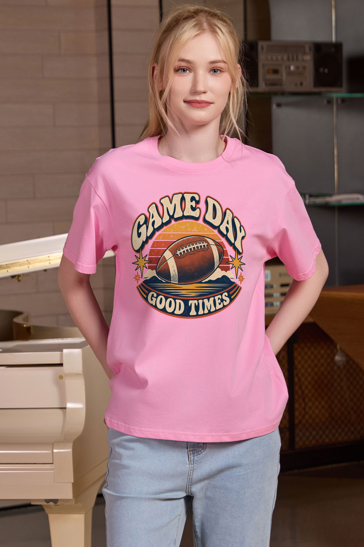 Game Day Good Times Relaxed Tee in light pink, front graphic on model, view 1