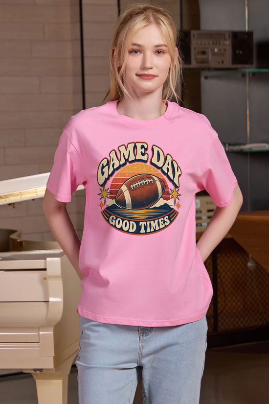 Game Day Good Times Relaxed Tee in light pink, front graphic on model, view 1