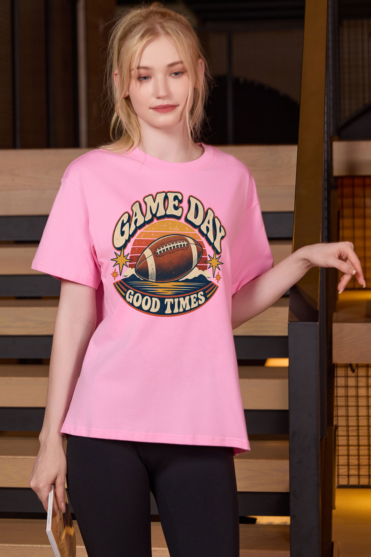 Game Day Good Times Relaxed Tee in light pink, front graphic on model, view 2
