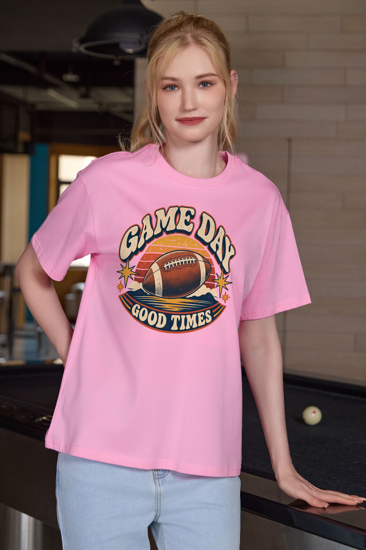 Game Day Good Times Relaxed Tee in light pink, front graphic on model, view 3