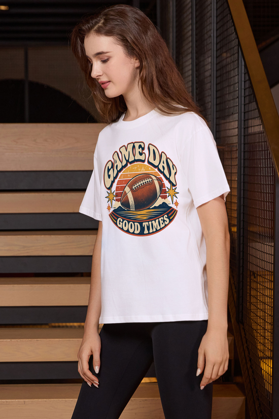 Game Day Good Times Relaxed Tee in white, front graphic on model, view 1