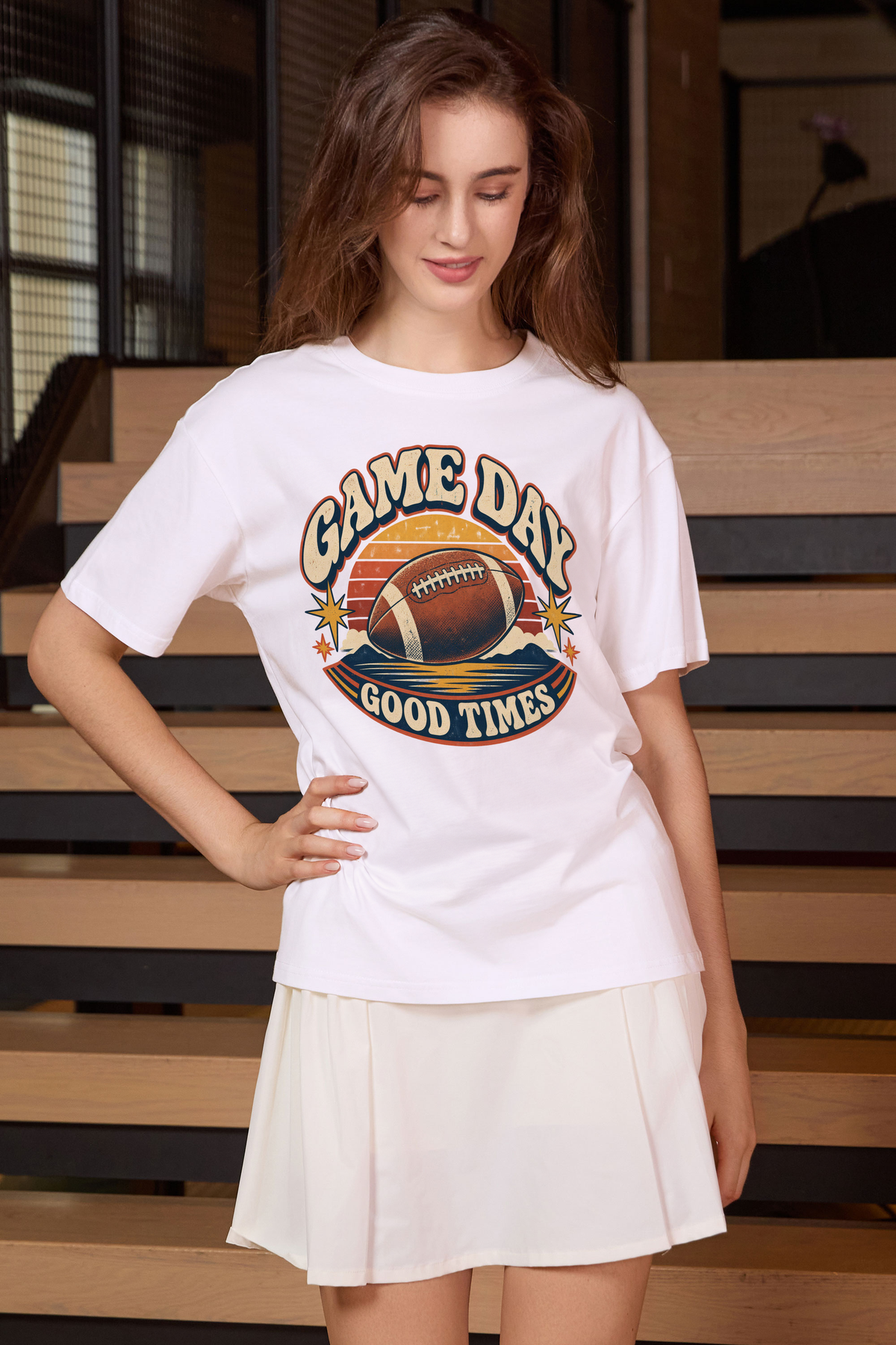 Game Day Good Times Relaxed Tee in white, front graphic on model, view 2