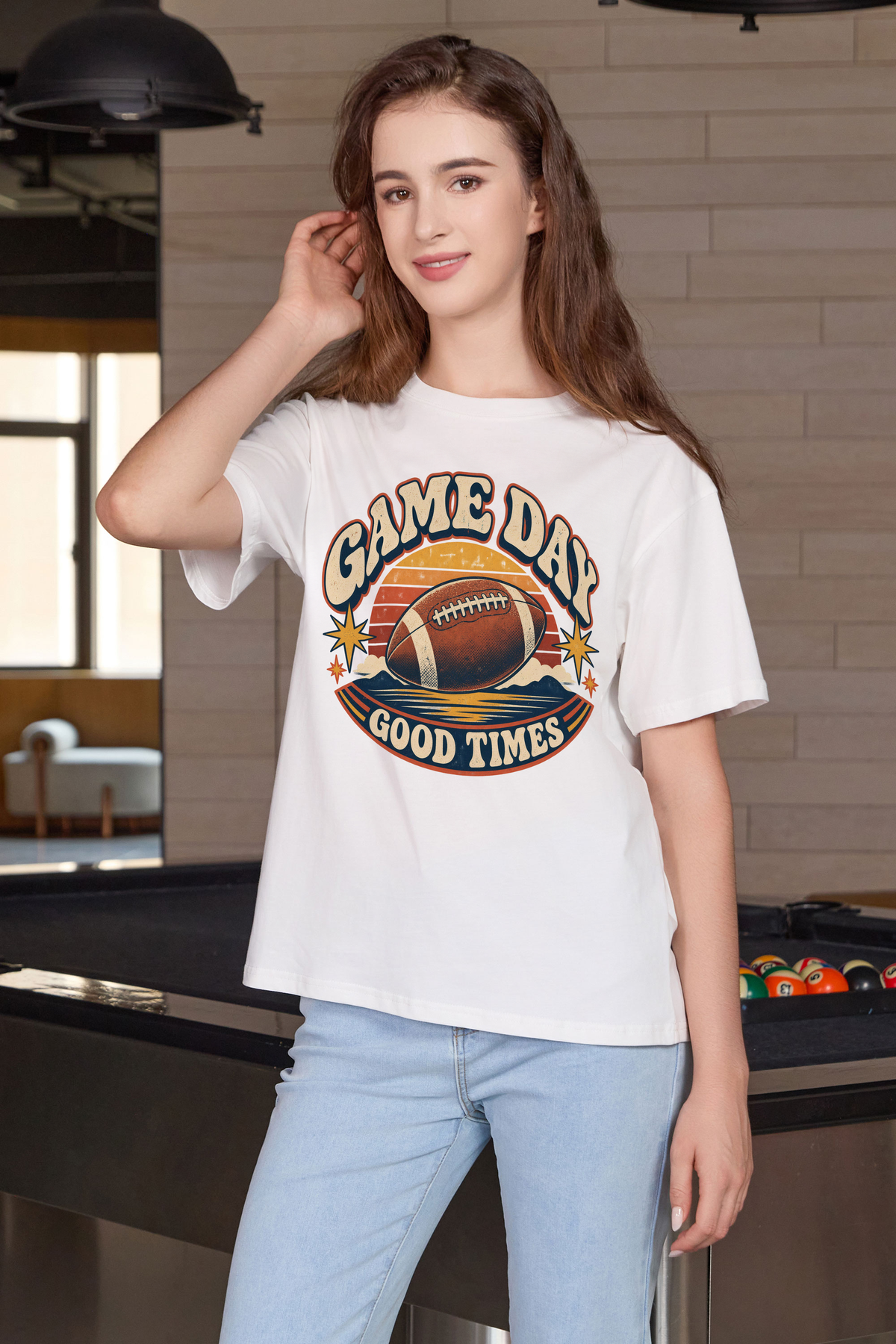 Game Day Good Times Relaxed Tee in white, front graphic on model, view 3