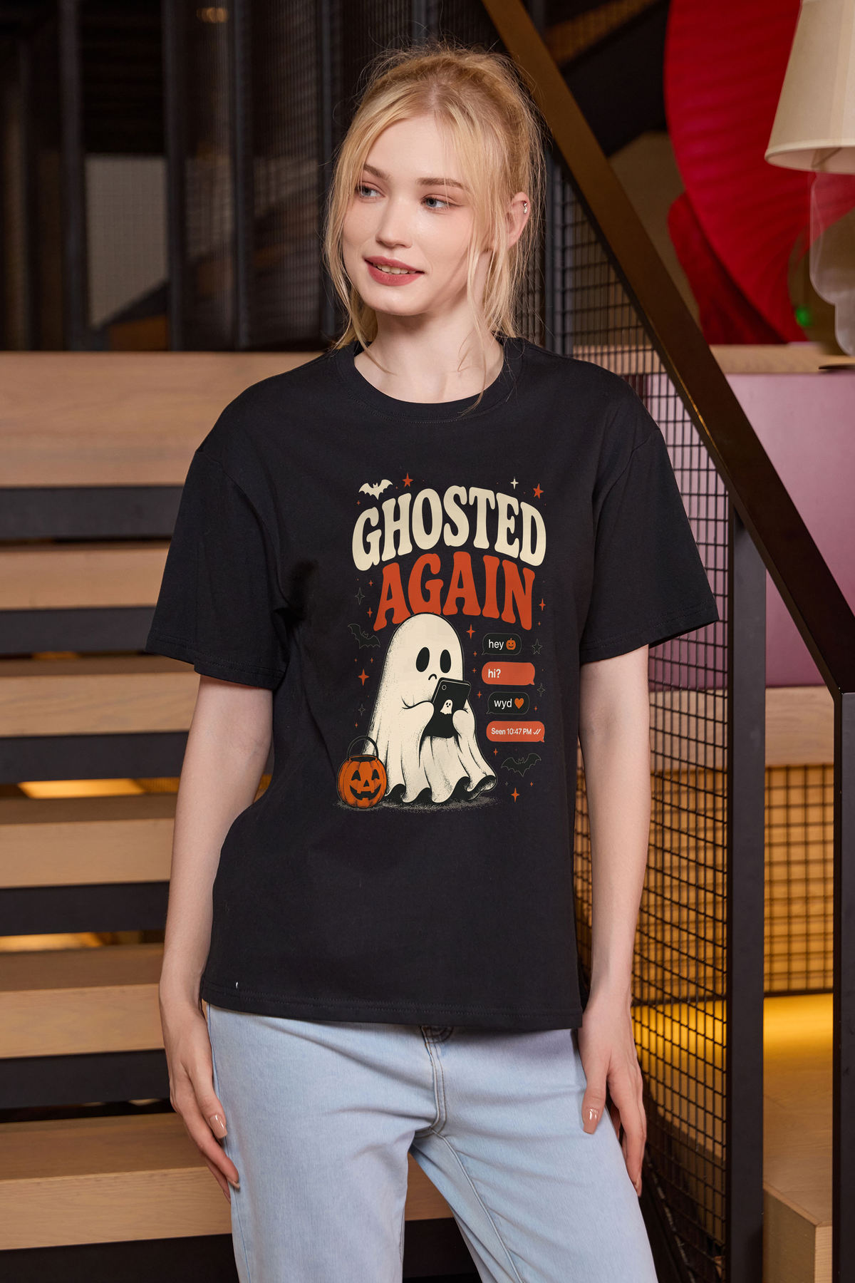 Moshita Ghosted Again relaxed tee in black — graphic front view 1